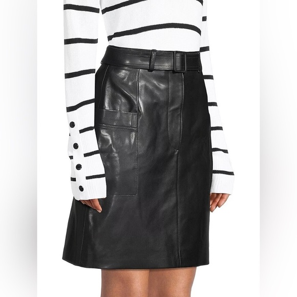 New Hugo Boss Semita Leather Belted Skirt Black A Line Utility Pockets Sz 0 - Picture 2 of 15